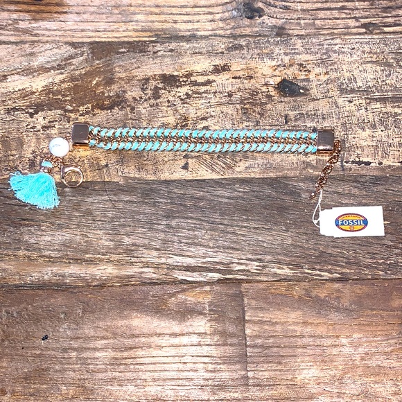 NEW Fossil Rose Gold Stainless Steel and Braided Turquoise Bracelet NWT - Picture 3 of 8